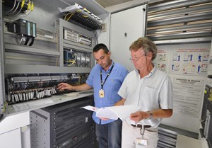 Joël Hourtoule (left) and Jean-Yves Journeaux in one of the twin ''control towers'' that collect and dispatch electrical power as well as data, thus providing a real-time picture of what's going on, electrically speaking, on the ITER worksite. (Click to view larger version...)